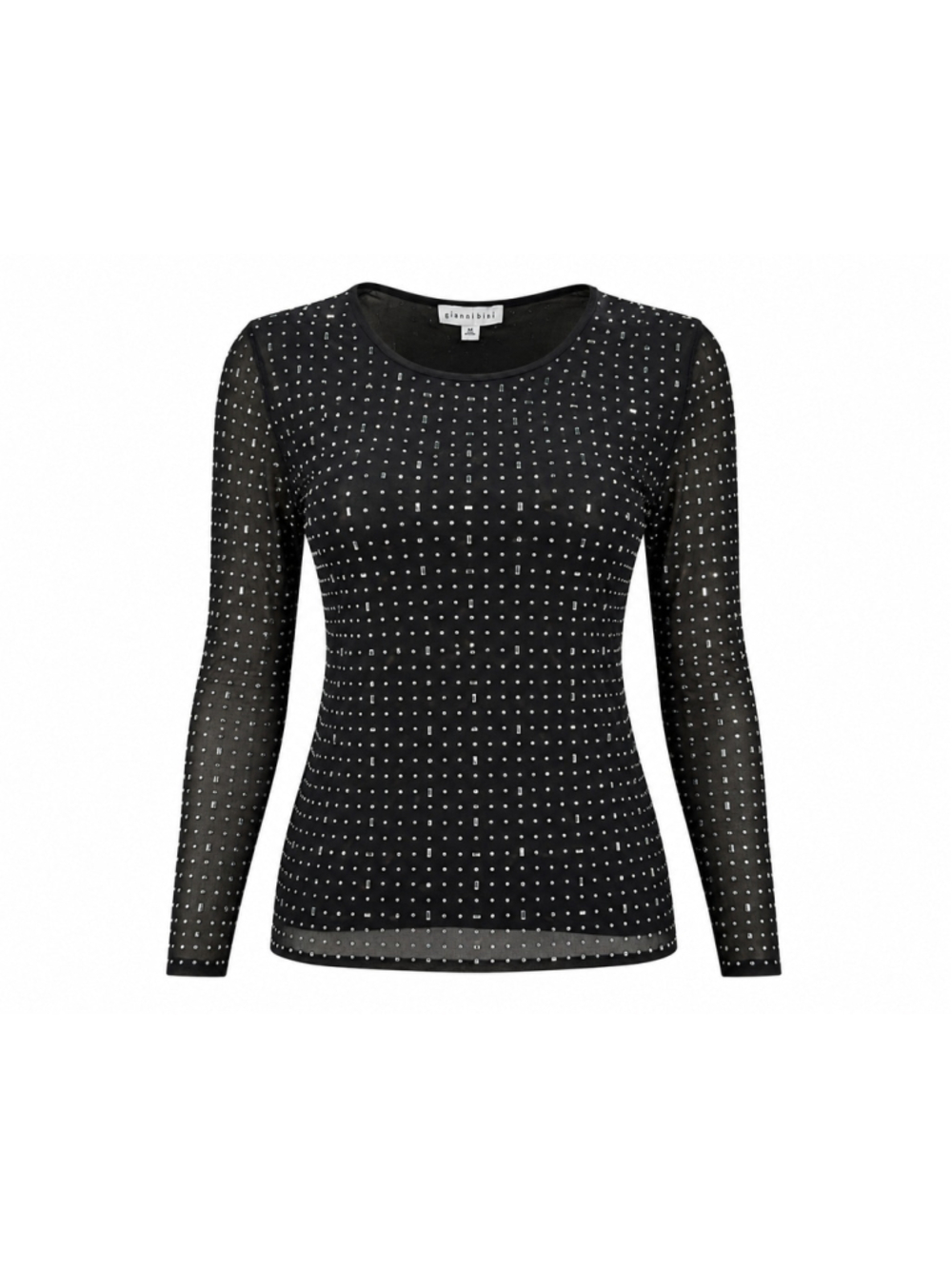NWT Gianni Bini Womens Junie Mesh Black Rhinestone Sheer Long Sleeve Top Sz M
